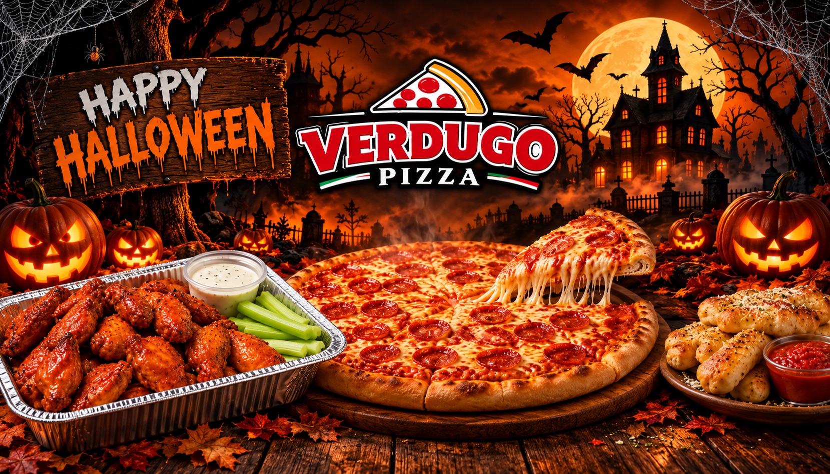 Happy Halloween from Verdugo Pizza — pepperoni pie, buffalo wings and garlic knots among jack-o'-lanterns under a full moon